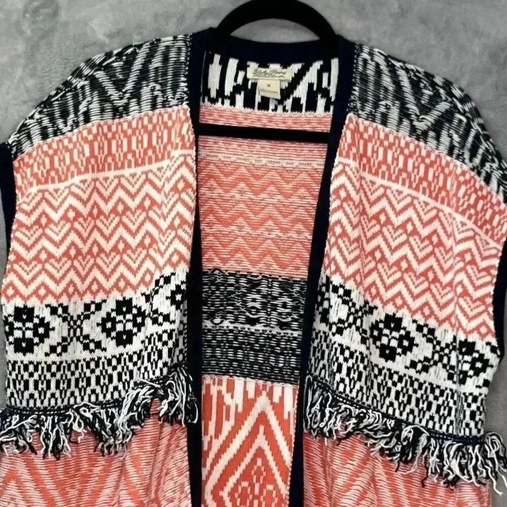 Lucky Brand Fringe Jacquard Cardigan Sweater Vest Sz M Orange Black Aztec‎